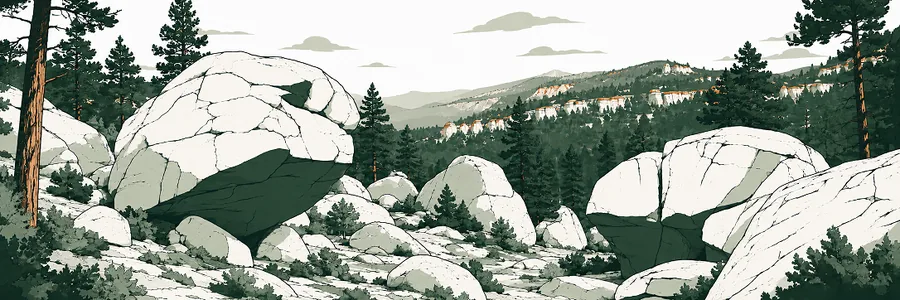 Bloques de granito entre un bosque de montaña.
