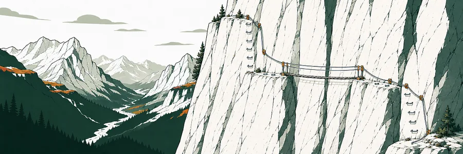 Vía ferrata con puente colgante sobre un valle de montaña.